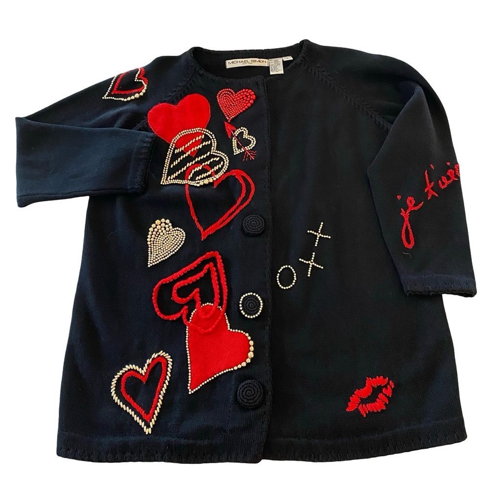 Vintage 90s Michael Simon New York Heart Embroidered Beaded Sweater Black